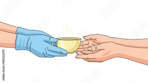 A gloved hand offers a steaming cup of warm coffee to a pair of bare, outstretched hands, symbolizing charity, aid, and compassionate help.