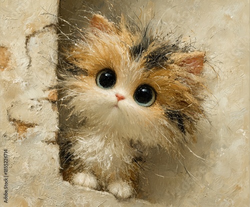 Cute fluffy kitten with big eyes in painterly illustration style