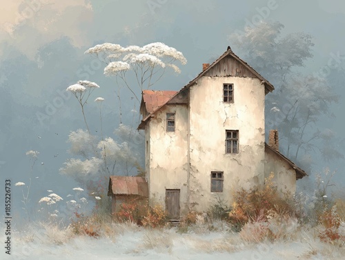 Peaceful winter countryside landscape with old house and snowy fields illustration