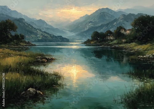 Serene landscape with lone tree reflected in calm water at sunset