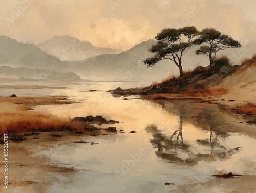 Serene landscape with lone tree reflected in calm water at sunset