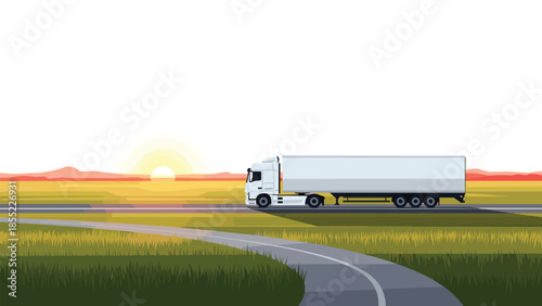 White semi-trailer truck driving along a winding road against the picturesque backdrop of a vibrant sunset over a rural landscape.