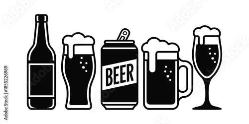 Black and white of beer bottle can and glasses with foam and bubbles vector illustration isolated on white background.