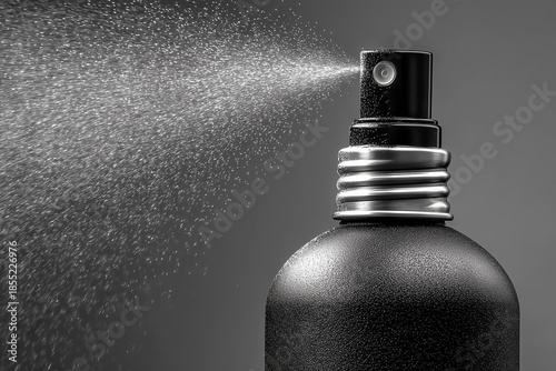 Spray negro con líquido saliendo a presión, Mockup para marca de fragancias, Fondo elegante para publicidad de productos de belleza