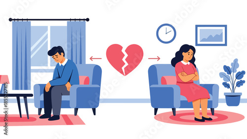 Modern flat vector illustration of man and woman sitting apart on sofa after breakup, emotional distance in home interior, ideal for relationship concepts