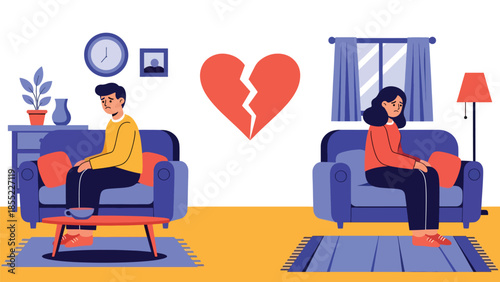 Modern flat vector illustration of man and woman sitting apart on sofa after breakup, emotional distance in home interior, ideal for relationship concepts