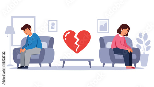 Modern flat vector illustration of man and woman sitting apart on sofa after breakup, emotional distance in home interior, ideal for relationship concepts