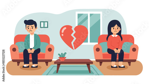 Modern flat vector illustration of man and woman sitting apart on sofa after breakup, emotional distance in home interior, ideal for relationship concepts