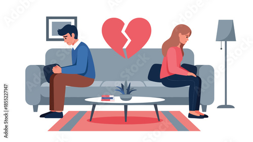 Modern flat vector illustration of man and woman sitting apart on sofa after breakup, emotional distance in home interior, ideal for relationship concepts