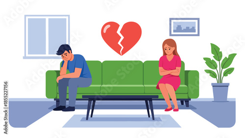 Modern flat vector illustration of man and woman sitting apart on sofa after breakup, emotional distance in home interior, ideal for relationship concepts