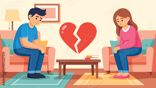 Modern flat vector illustration of man and woman sitting apart on sofa after breakup, emotional distance in home interior, ideal for relationship concepts