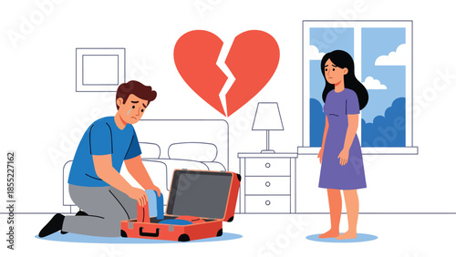 Modern flat vector illustration of breakup scene with man packing suitcase while woman stands near window, separation at home, ideal for relationship topics