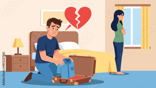 Modern flat vector illustration of breakup scene with man packing suitcase while woman stands near window, separation at home, ideal for relationship topics