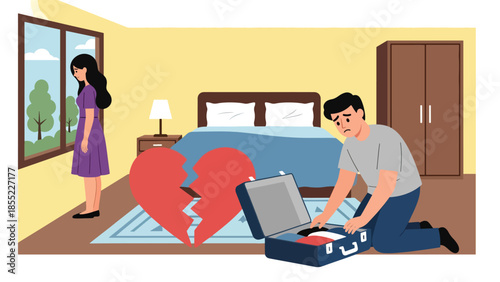 Modern flat vector illustration of breakup scene with man packing suitcase while woman stands near window, separation at home, ideal for relationship topics