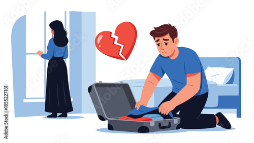 Modern flat vector illustration of breakup scene with man packing suitcase while woman stands near window, separation at home, ideal for relationship topics