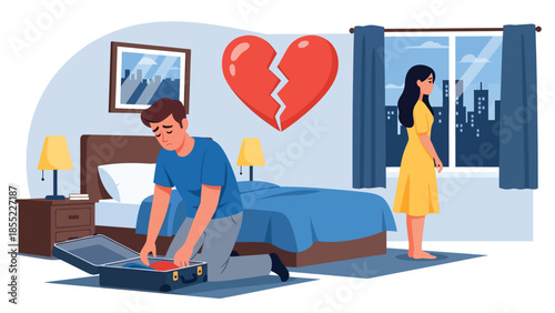 Modern flat vector illustration of breakup scene with man packing suitcase while woman stands near window, separation at home, ideal for relationship topics