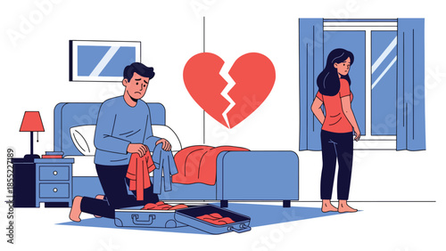 Modern flat vector illustration of breakup scene with man packing suitcase while woman stands near window, separation at home, ideal for relationship topics