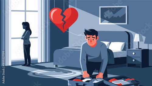 Modern flat vector illustration of breakup scene with man packing suitcase while woman stands near window, separation at home, ideal for relationship topics