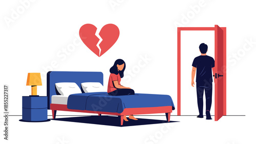 Modern flat vector illustration of woman sitting alone on bed while man leaves room, breakup moment in bedroom, ideal for emotional relationship concepts