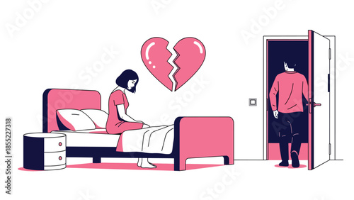 Modern flat vector illustration of woman sitting alone on bed while man leaves room, breakup moment in bedroom, ideal for emotional relationship concepts