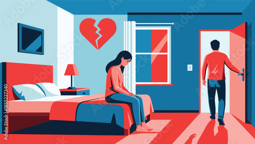 Modern flat vector illustration of woman sitting alone on bed while man leaves room, breakup moment in bedroom, ideal for emotional relationship concepts