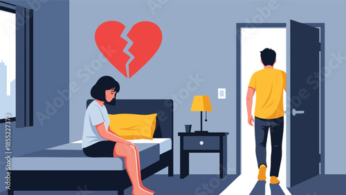 Modern flat vector illustration of woman sitting alone on bed while man leaves room, breakup moment in bedroom, ideal for emotional relationship concepts