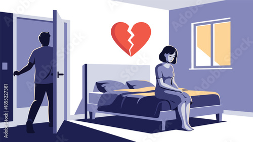 Modern flat vector illustration of woman sitting alone on bed while man leaves room, breakup moment in bedroom, ideal for emotional relationship concepts