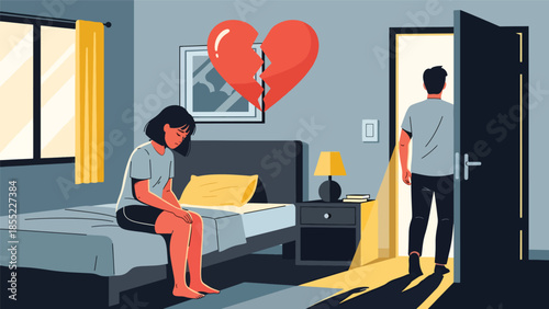 Modern flat vector illustration of woman sitting alone on bed while man leaves room, breakup moment in bedroom, ideal for emotional relationship concepts