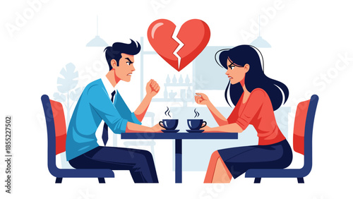 Modern flat vector illustration of man and woman having serious breakup conversation in café, relationship ending scene, ideal for emotional storytelling visuals