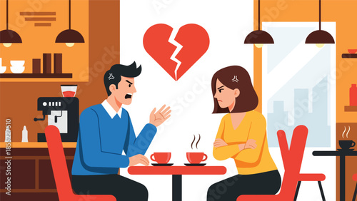 Modern flat vector illustration of man and woman having serious breakup conversation in café, relationship ending scene, ideal for emotional storytelling visuals