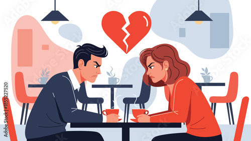 Modern flat vector illustration of man and woman having serious breakup conversation in café, relationship ending scene, ideal for emotional storytelling visuals