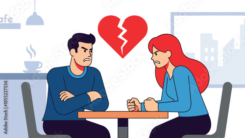 Modern flat vector illustration of man and woman having serious breakup conversation in café, relationship ending scene, ideal for emotional storytelling visuals