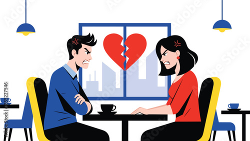 Modern flat vector illustration of man and woman having serious breakup conversation in café, relationship ending scene, ideal for emotional storytelling visuals