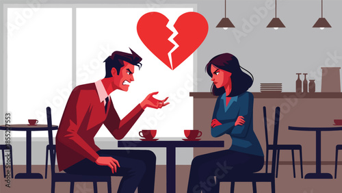 Modern flat vector illustration of man and woman having serious breakup conversation in café, relationship ending scene, ideal for emotional storytelling visuals
