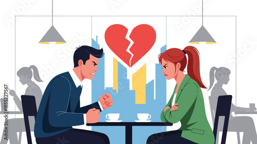 Modern flat vector illustration of man and woman having serious breakup conversation in café, relationship ending scene, ideal for emotional storytelling visuals