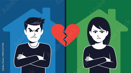 Modern flat vector illustration of man and woman separated by dividing line, symbolic breakup concept, minimal background, ideal for relationship visuals