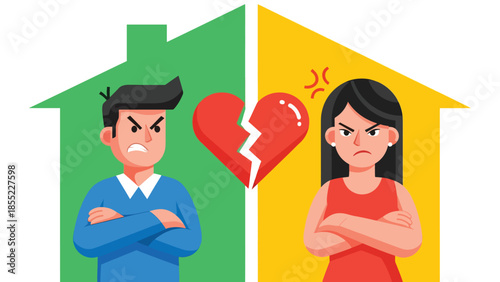 Modern flat vector illustration of man and woman separated by dividing line, symbolic breakup concept, minimal background, ideal for relationship visuals