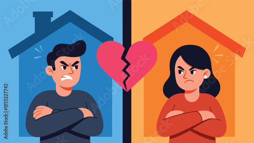 Modern flat vector illustration of man and woman separated by dividing line, symbolic breakup concept, minimal background, ideal for relationship visuals