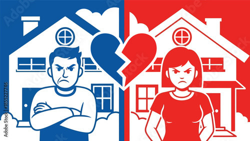 Modern flat vector illustration of man and woman separated by dividing line, symbolic breakup concept, minimal background, ideal for relationship visuals