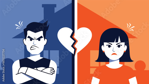 Modern flat vector illustration of man and woman separated by dividing line, symbolic breakup concept, minimal background, ideal for relationship visuals