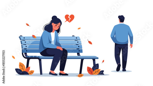Modern flat vector illustration of woman sitting alone on park bench after breakup, emotional separation scene, ideal for sadness and loneliness concepts