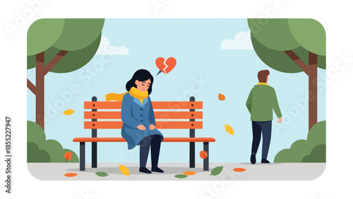 Modern flat vector illustration of woman sitting alone on park bench after breakup, emotional separation scene, ideal for sadness and loneliness concepts