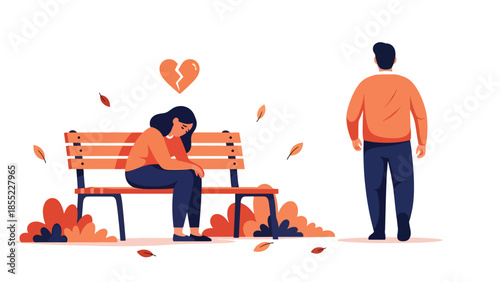 Modern flat vector illustration of woman sitting alone on park bench after breakup, emotional separation scene, ideal for sadness and loneliness concepts