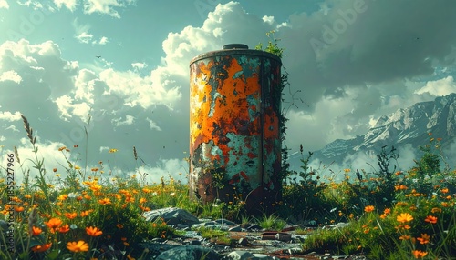 Rusty Orange Barrel in Wildflower Meadow