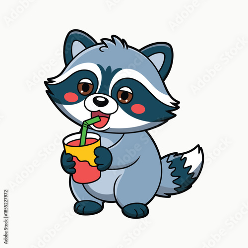 Cute cartoon raccoon character holding a cup with a straw and drinking a beverage animal vector illustration isolated on white background.