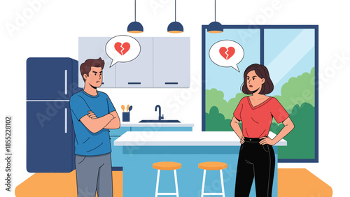 Modern flat vector illustration of man and woman arguing quietly in kitchen, relationship conflict scene, ideal for couple problem concepts