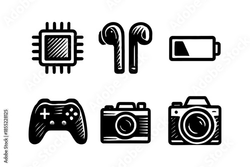 Hand-drawn technology icons: chip, earbuds, battery, gamepad, camera, dslr