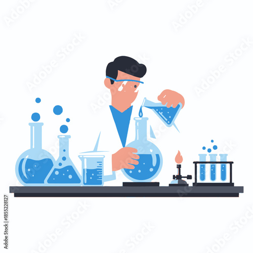 Animated scientist conducting chemical experiments with laboratory glassware and safety goggles