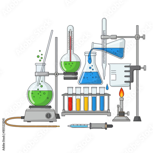Comprehensive Laboratory Equipment Setup with Glassware, Test Tubes and Bunsen Burner for