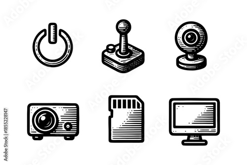 Retro technology: hand-drawn tech icons featuring gadgets and gaming devices